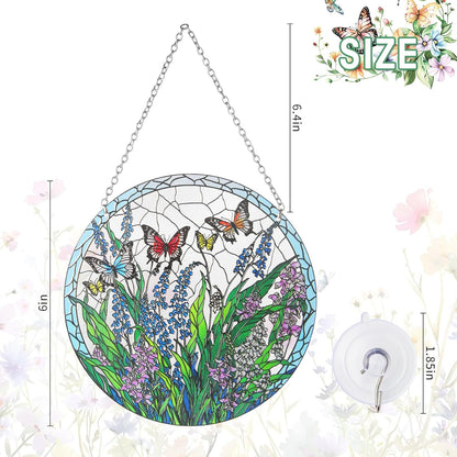 Stained Glass Window Hanging, Hand-Painted Butterfly and Flowers Suncatcher, 6 Inch Round Glass