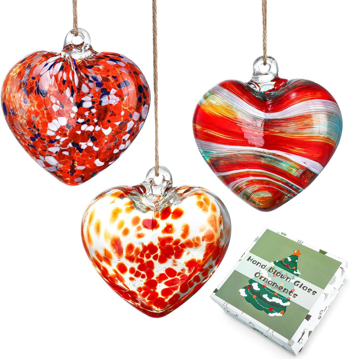 4inch Hand Blown Glass Red Heart Ornaments Hanging Friendship Hearts for Patio Garden Outdoor Decor