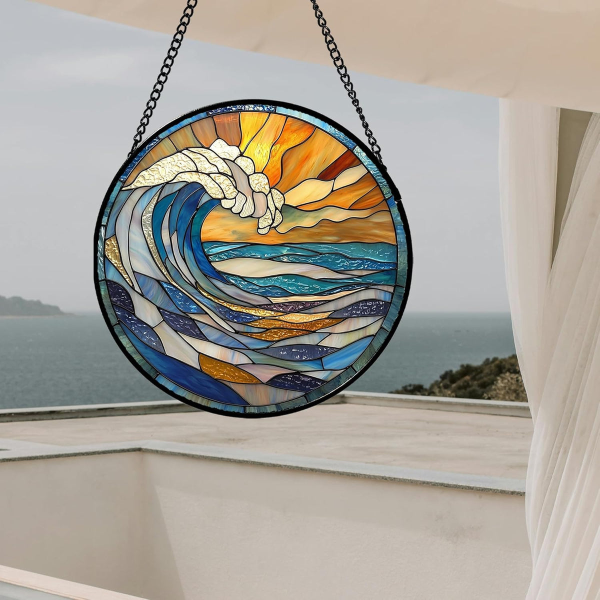 Stained Glass Window Hanging, Orange Clouds Blue White Sea Waves Landscape Suncatcher for Doors