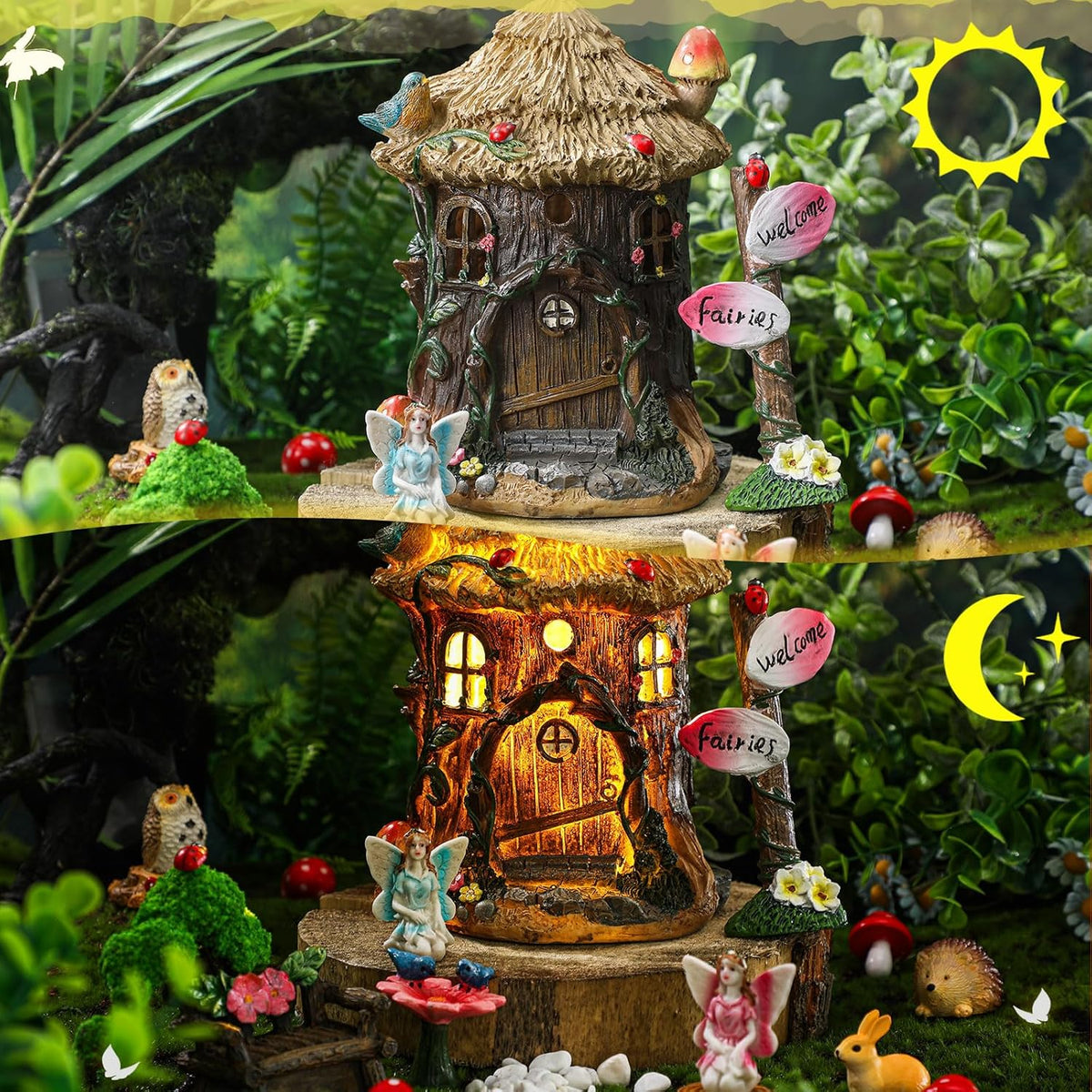 Leyndo 28 Pcs Solar House Garden Accessories Fairy Light up Fairy Figures Garden Kit Resin