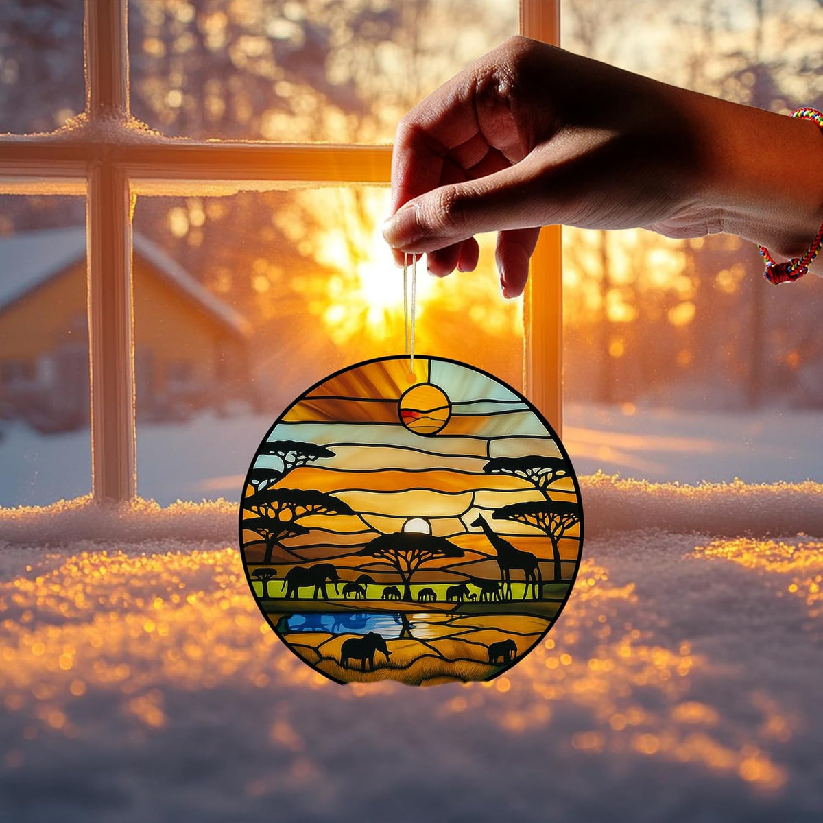 Acrylic Stained Glass Suncatcher Ornament – African Safari Sunset with Giraffes Elephants Trees – 4