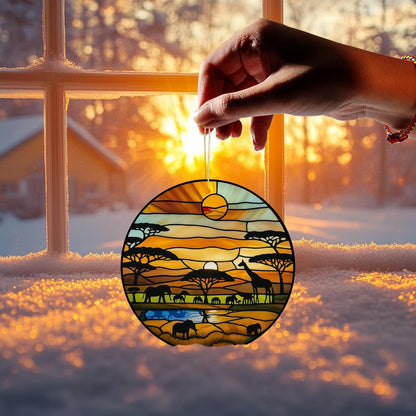 Acrylic Stained Glass Suncatcher Ornament – African Safari Sunset with Giraffes Elephants Trees – 4