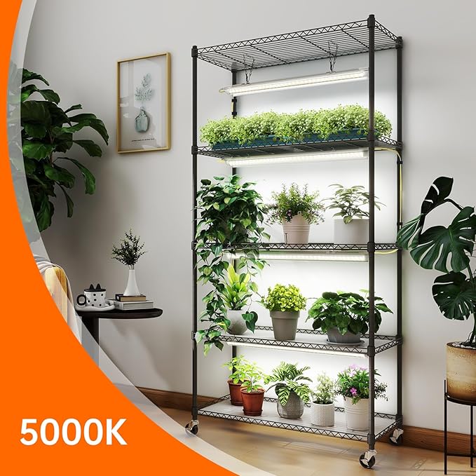 Bstrip Plant Shelf with Grow Lights, 5-Tier Plant Stand with T8 24W Grow Light for Indoor Plants
