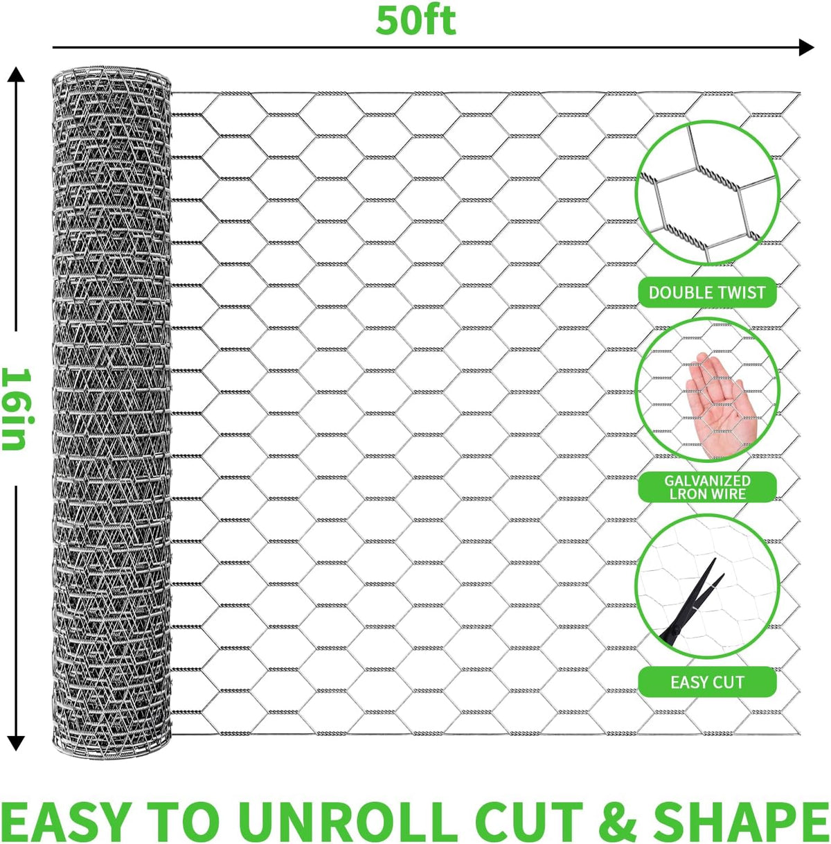 16in x 50ft Craft Chicken Wire Mesh, Hexagonal Galvanized Wire Mesh for Poultry, Floral Wire