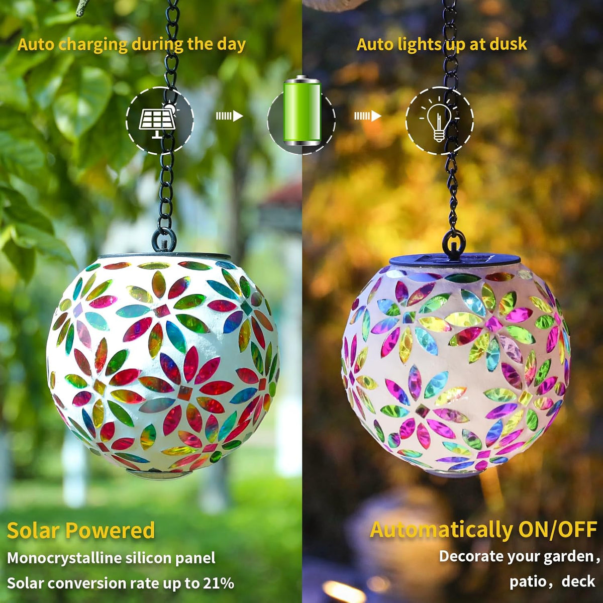 VCUTEKA Hanging Solar Lanterns Mosaic Solar Lights with Hook Up, Outdoor Garden Lights Decor for