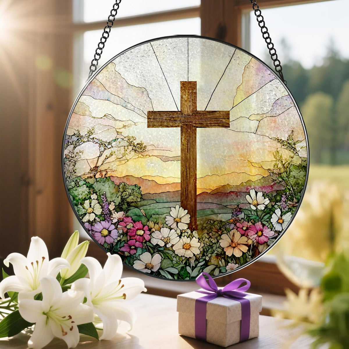 8 Inch Stained Glass Cross & Wildflowers Suncatcher Christian Hanging Ornament Gift for Religious