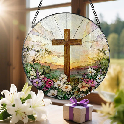 8 Inch Stained Glass Cross & Wildflowers Suncatcher Christian Hanging Ornament Gift for Religious