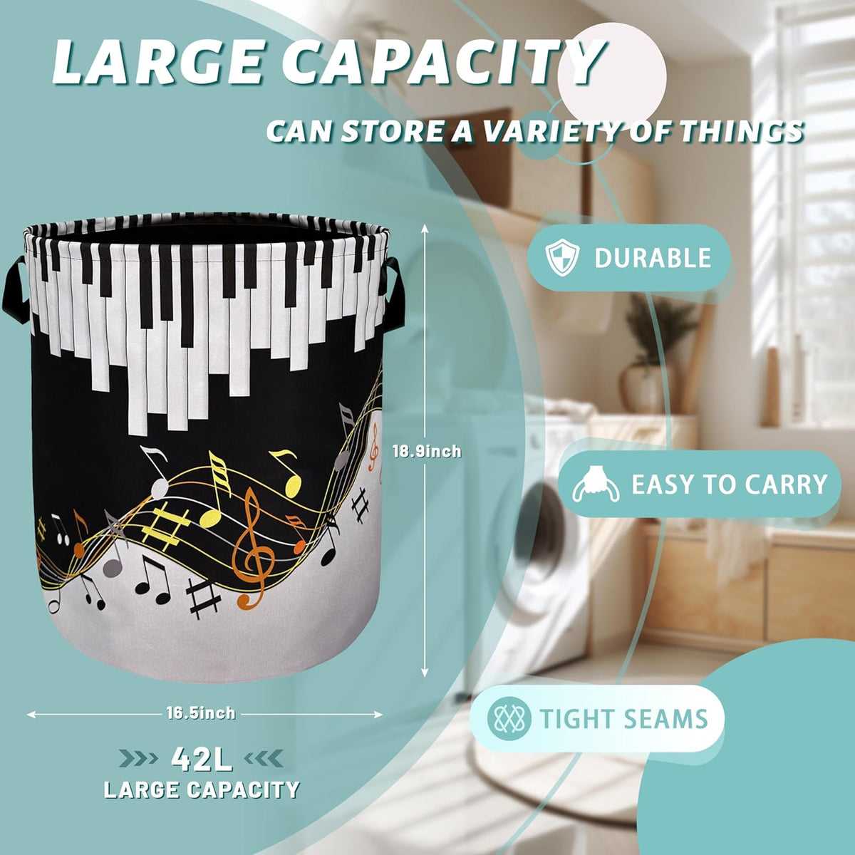 Piano Keyboard Laundry Basket Foldable With Handles Music Notes Tote Bag Oxford Cloth Colorful