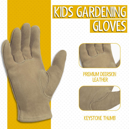 HANDLANDY Kids Genuine Leather Work Gloves for ages 3-11, Children Gardening Gloves for Boys, Girls