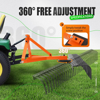 KUAFU 60 in Landscape Rake, 3 Point Rake Compatible with Category-1 Tractor, 360 Degree Rotation