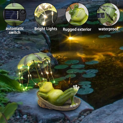 Solar Frog Garden Decor Outdoor Statue - Frogs Umbrella LED Waterproof Sculptures Lights, Cute Frog