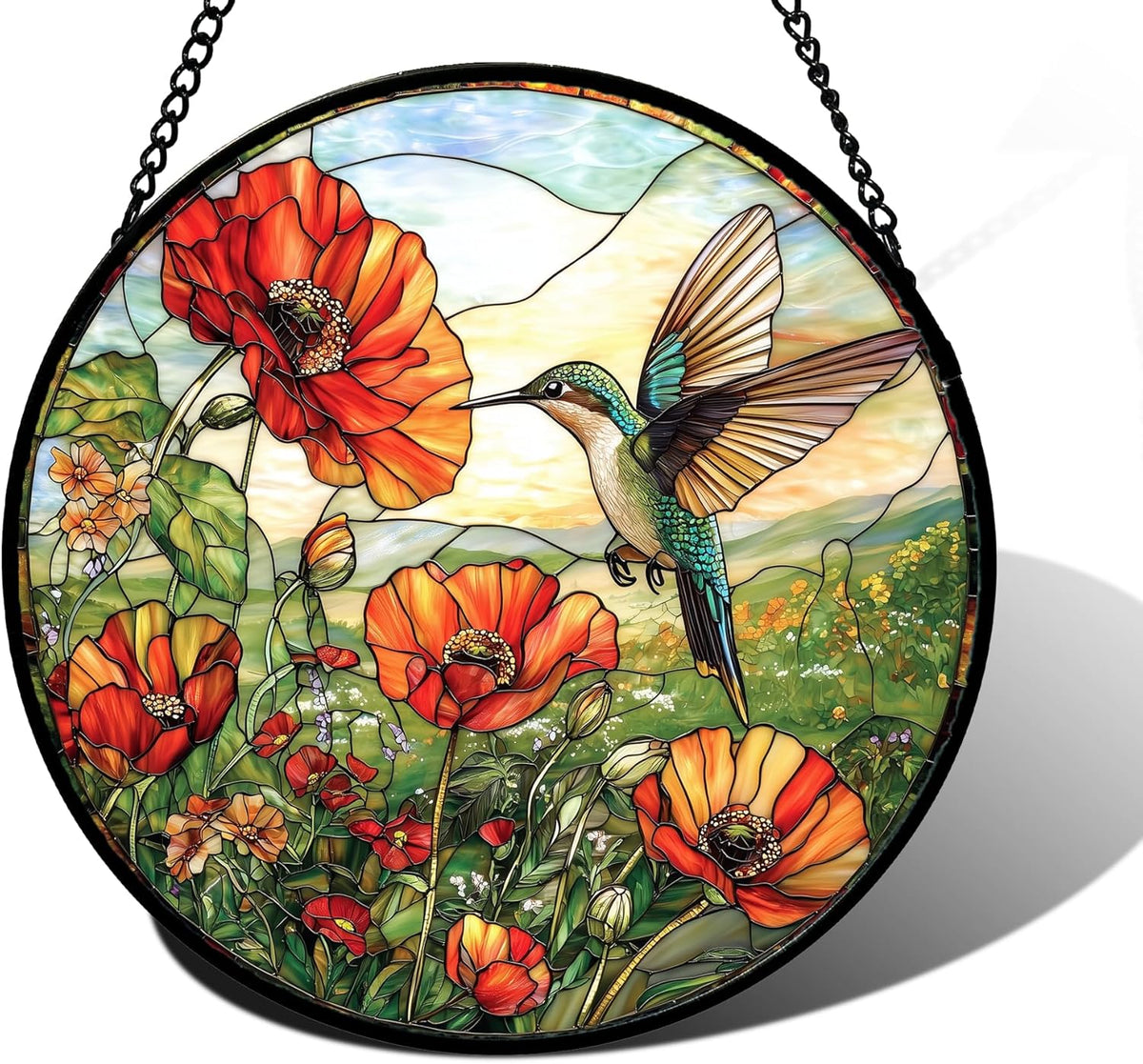 Stained Glass Window Hanging, Hummingbirds Orange Flowers Suncatcher Diamond Glass Panel Hangings