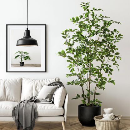 Artificial Ficus Tree Indoor 6ft, Large Potted Faux Tree with Realistic Silk Leaves & Trunk for