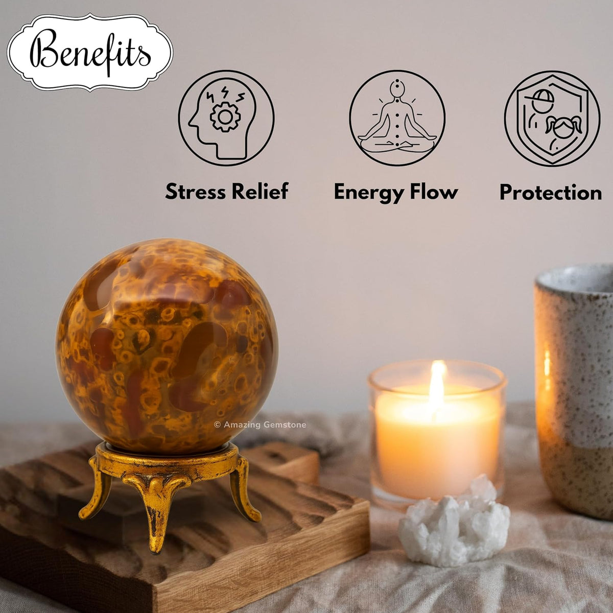 Amazing Gemstone Fruit Jasper Crystal Ball with Stand - 2 Inches Crystal Sphere Meditation Balls