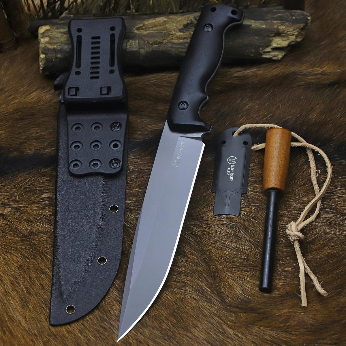 BA-KOR 5mm (9CR18MOV) steel 12.4" full tang hunting knife+K sheathing &5.9" cerium igniter Suitable