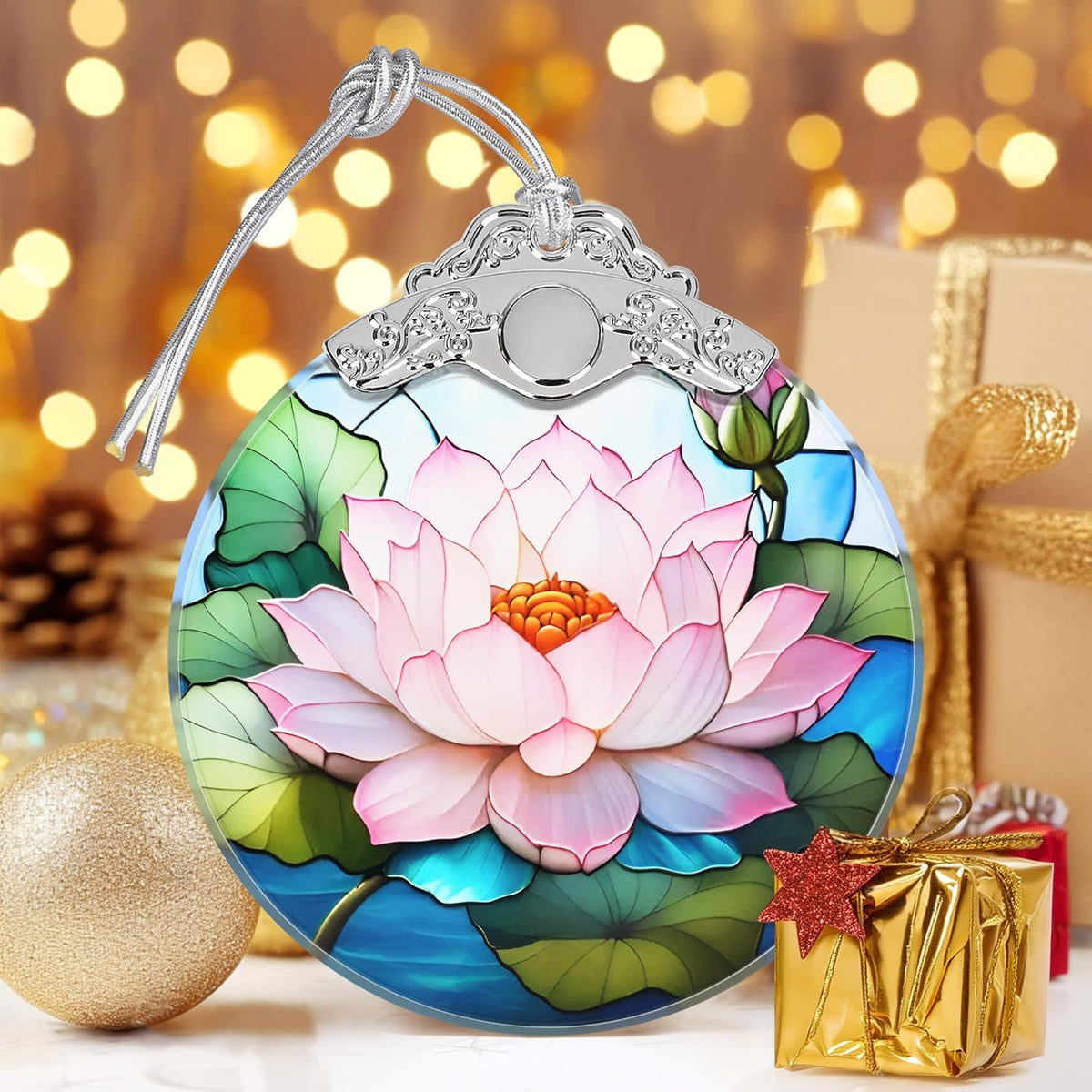 Lotus Stained Glass Ornament - Christmas Tree Decorations, Lotus Ornaments for Christmas Tree