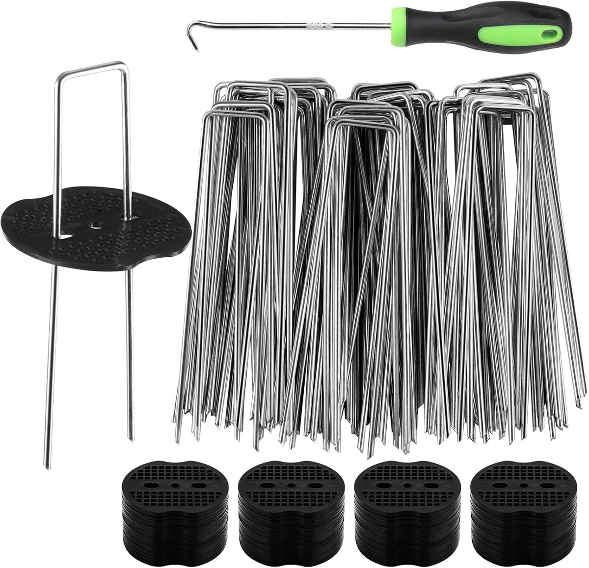 100pcs Garden Stakes Staples+100pcs Gasket, 6Inch 11 Gauge Galvanized Landscape Staples, Lawn