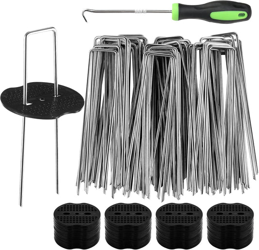100pcs Garden Stakes Staples+100pcs Gasket, 6Inch 11 Gauge Galvanized Landscape Staples, Lawn