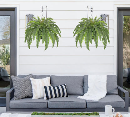 Hollyone 33" Artificial Boston Fern Hanging Basket Large 39 Leaves Fake Ferns in Rattan Pot