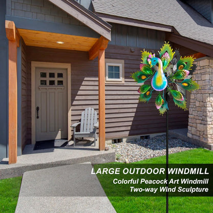 Outdoor Peacock Wind Spinners Featuring Glittering Gem Decor, 13.5" D x 65" H Double Layer Kinetic