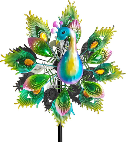 Outdoor Peacock Wind Spinners Featuring Glittering Gem Decor, 13.5" D x 65" H Double Layer Kinetic