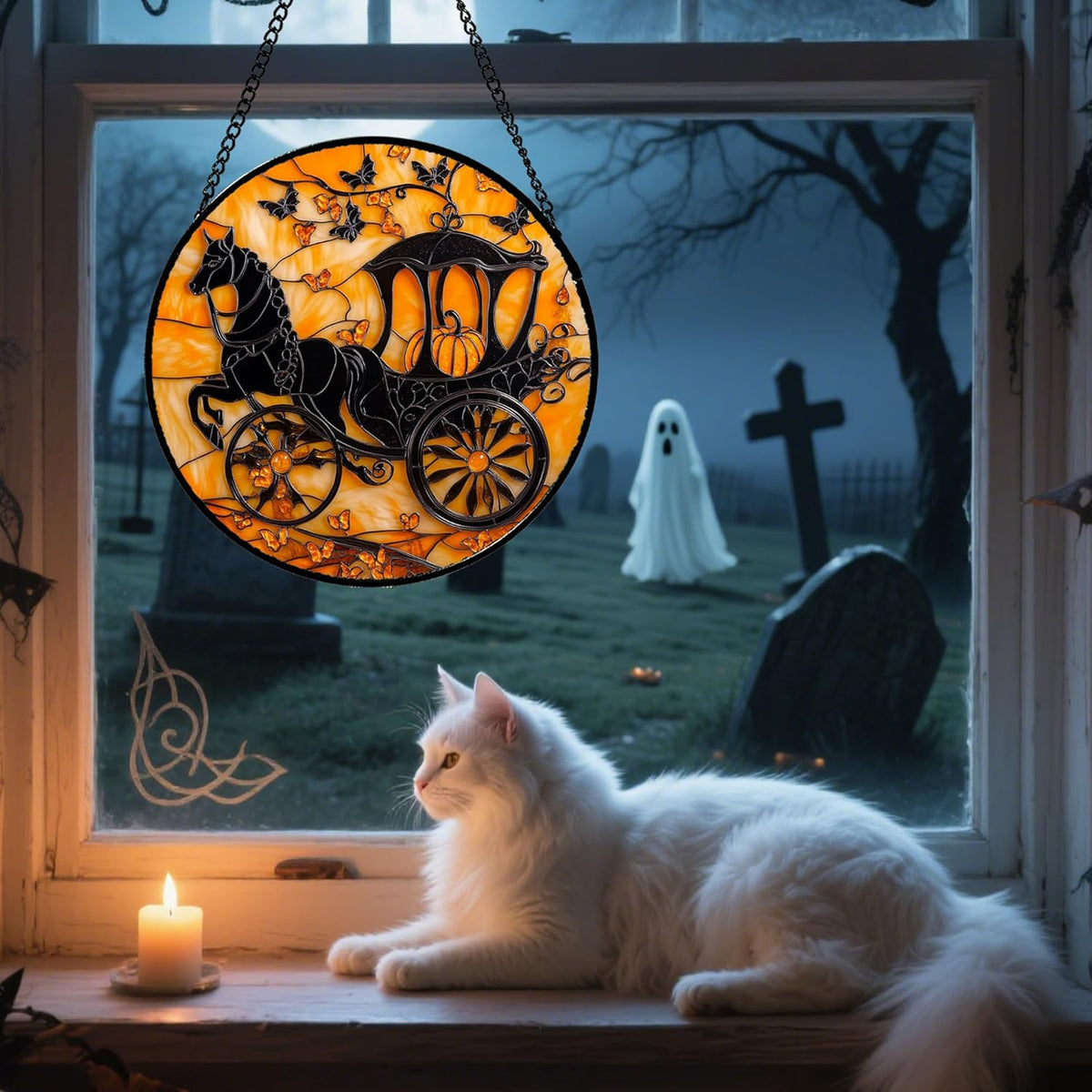 Stained Glass Window Hanging - Halloween Pumpkin Carriage Suncatcher for Doors Window Garden Indoor