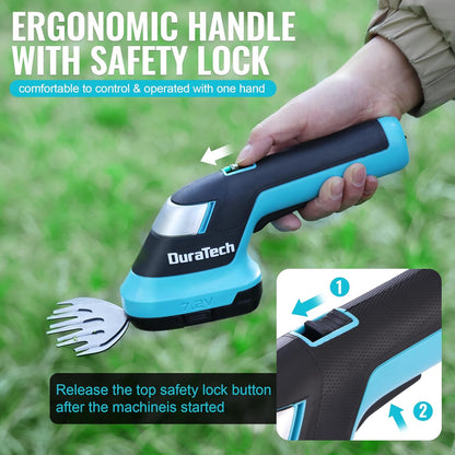 DURATECH Cordless Hedge Trimmer, 7.2V 2-in-1 Handheld Rechargeable Grass Trimmer & Hedge Shears