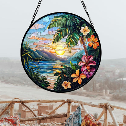Stained Glass Window Hanging, Colorful Landscape Suncatcher for Doors Home Sun Catchers Decoration