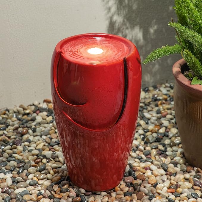 Glitzhome 21.25" H Ceramic Vase Outdoor Water Fountain Tall Patio Garden Water Fountain with LED