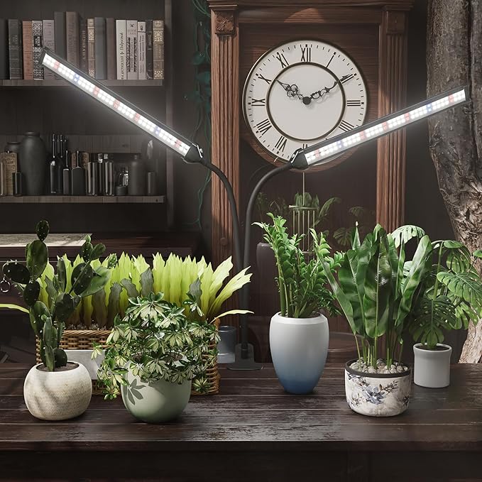 GooingTop Grow Light LED Gooseneck Lamp,Dual-Head White Full Spectrum 148 LED Plant Lamp with Red