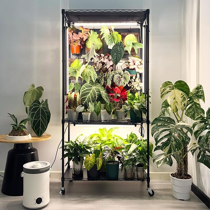 Bstrip Plant Shelf with Grow Light & Pegboard, Metal Plant Stand with Adjustable Rack and Wheels, 4
