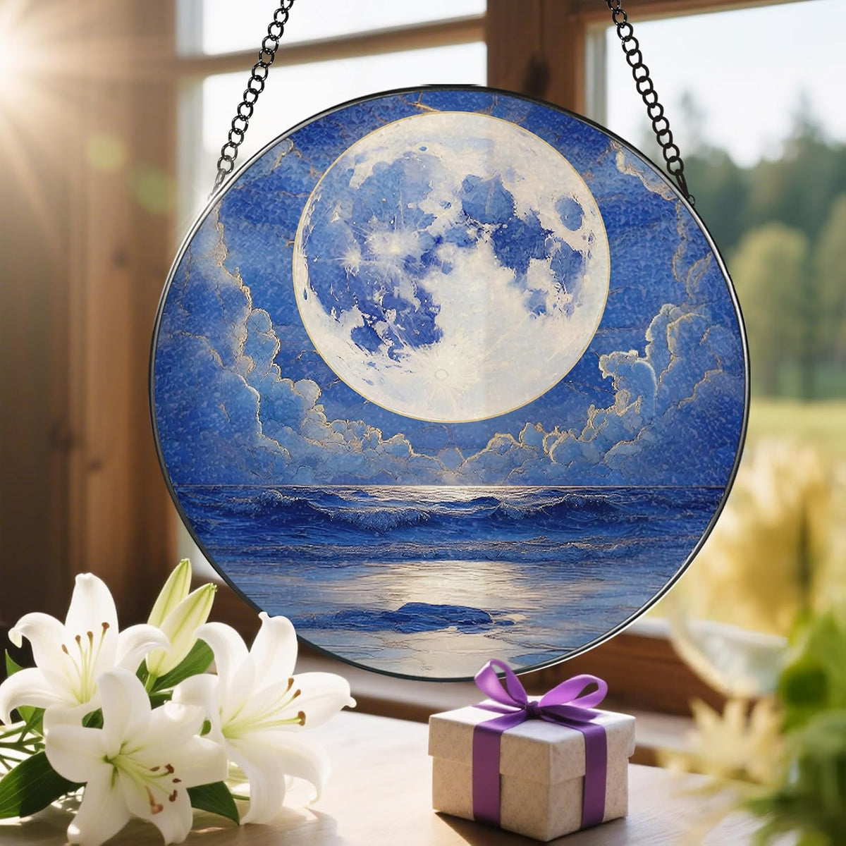 8'' Full Moon Over Ocean Sun Catcher Ornament, Stained Glass Window Hanging, Suncatchers for