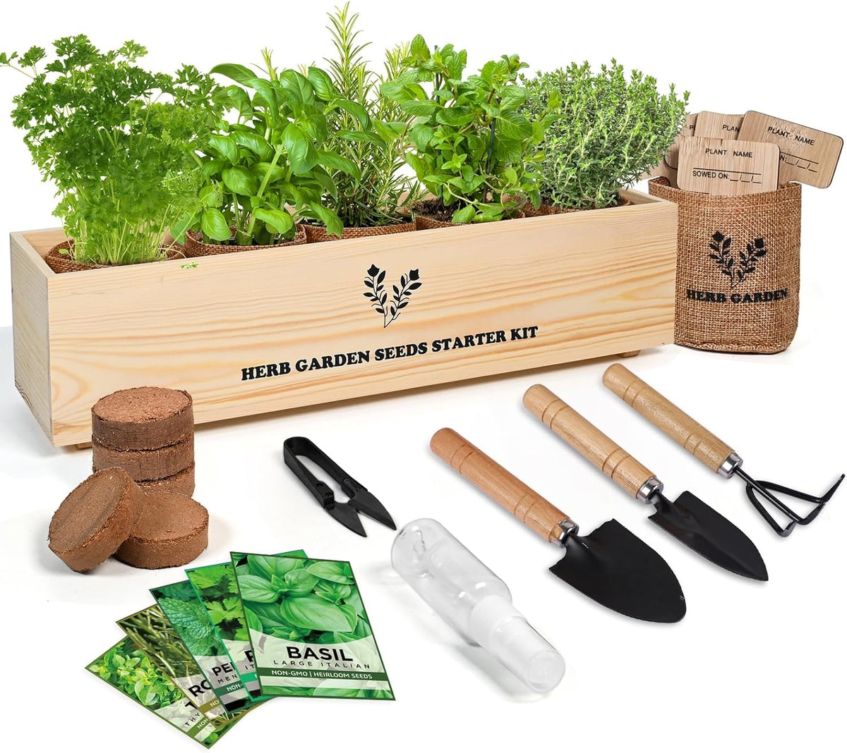 5 Herb Seeds Garden Starter Kit with Complete Planting Kit & Wooden Flower Box, Growing into Basil