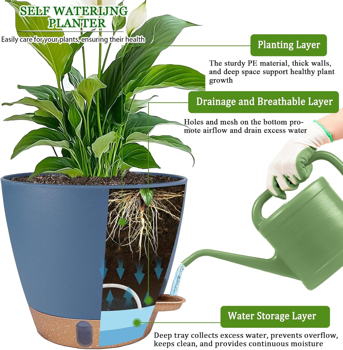 2 Pack 8 inch Plant Pots, Plastic Self Watering Planters with Drainage Holes, Deep Reservoir, Water