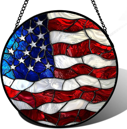 Stained Glass Window Hanging, Blue, White Red National Flag Pattern Sun Catchers Diamond Glass