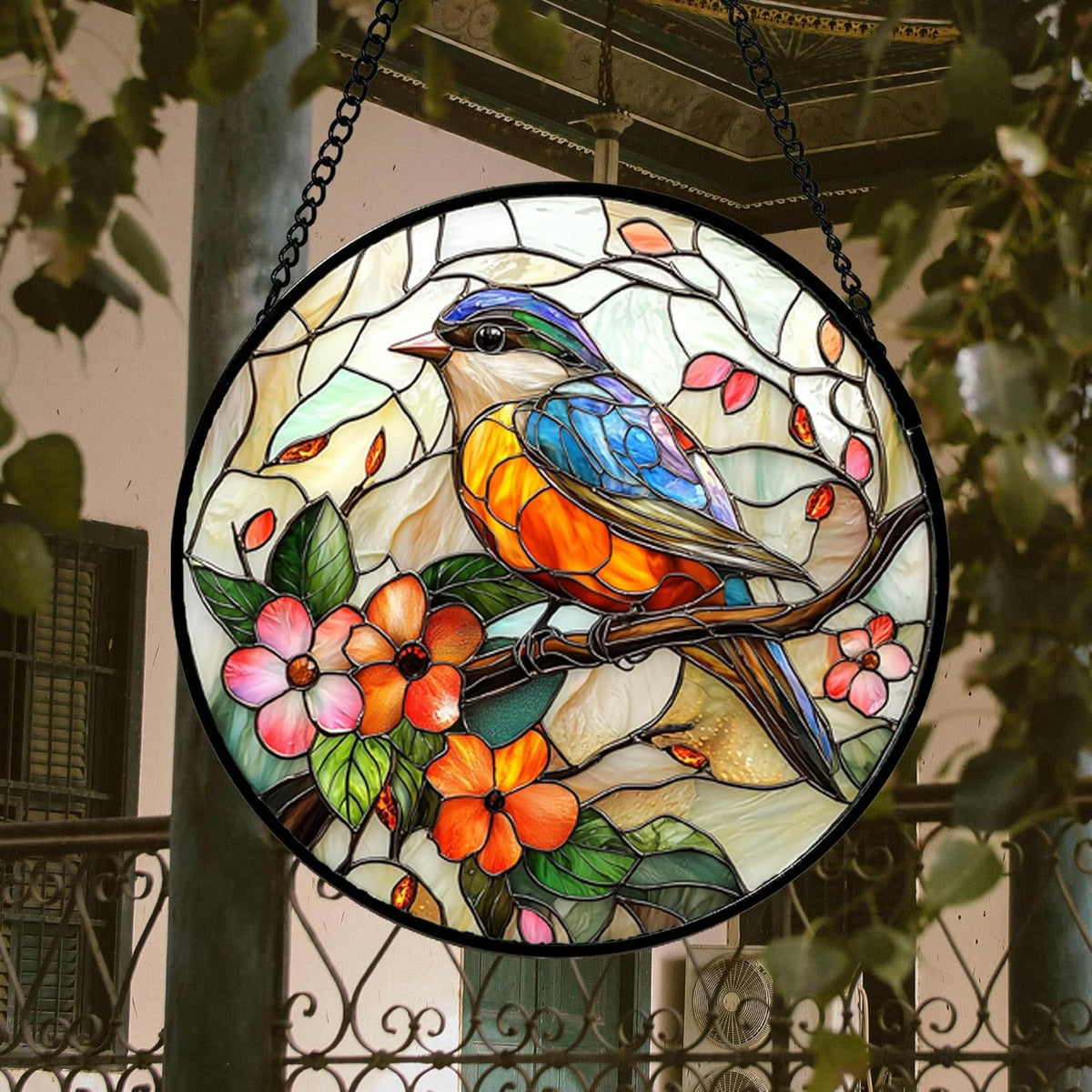 Stained Glass Window Hanging, Blue Bird Pink Flower Suncatcher Diamond Glass Panel Bird Sun