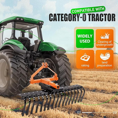 KUAFU 50" 3 Point Landscape Rock Rake for Category-0 Cat-0 Tractor with 360° Rotation Replaceable