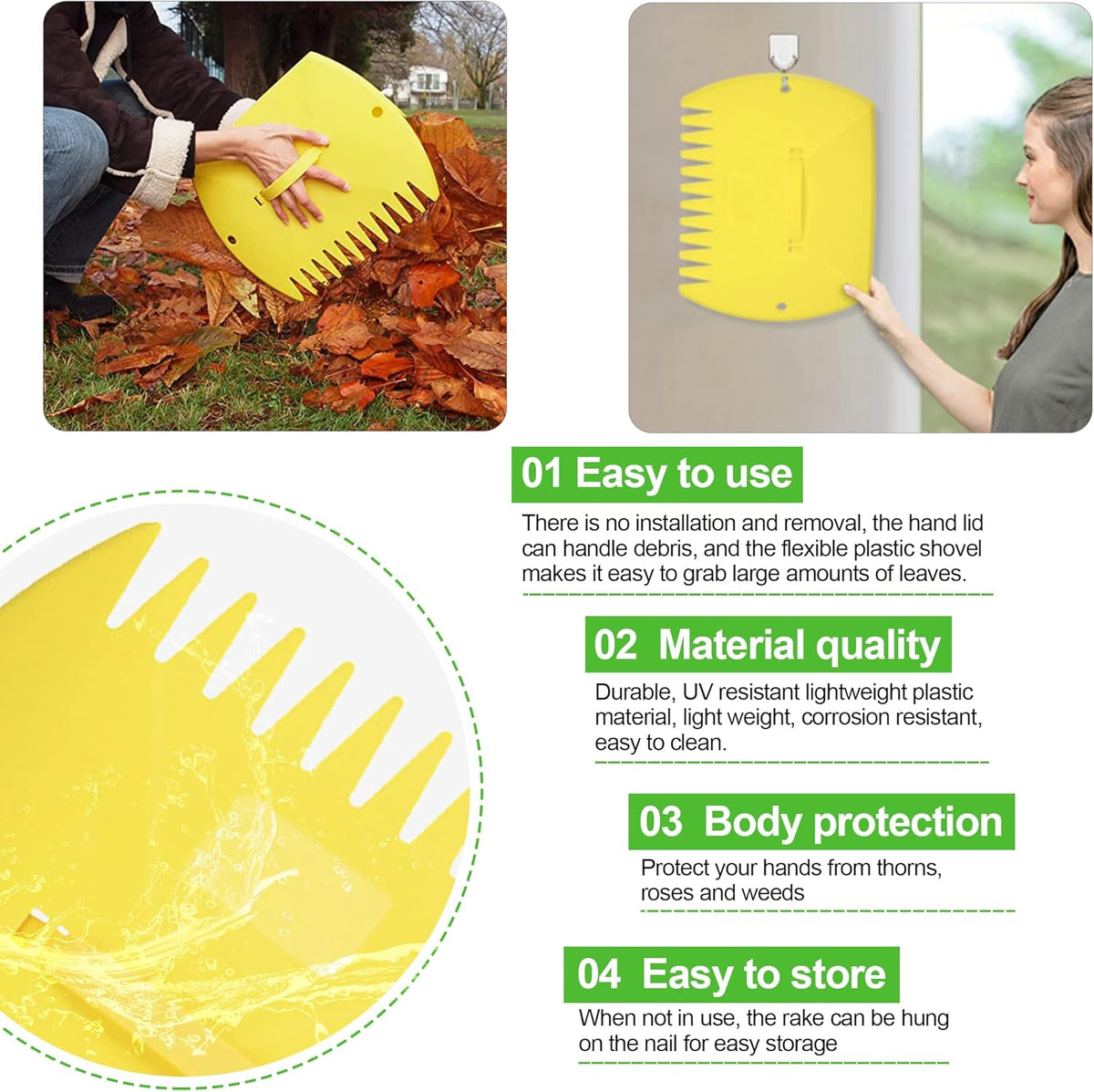 GardenHOME Leaf Scoops Hand Rakes, Large Leaf Grabbers for Yard Work and Garden Use, Clear and