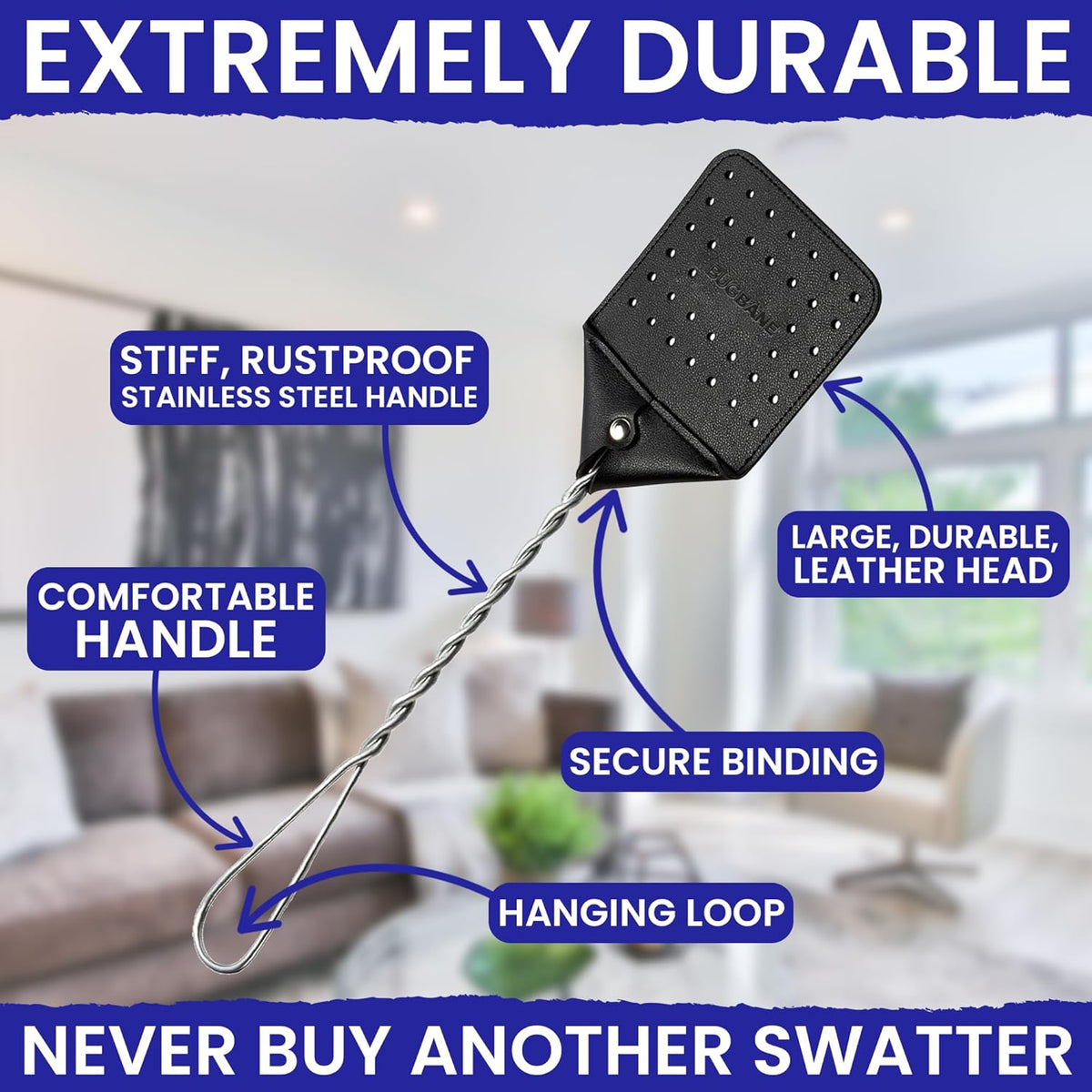 2 Leather Fly Swatter for Indoors. Long Handle, Heavy Duty Fly Swatter Manual Multi Pack.