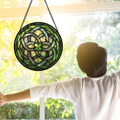 Stained Glass Window Hanging, Abstract Green Clover Sun Catchers Colorful Glass Panel Bless