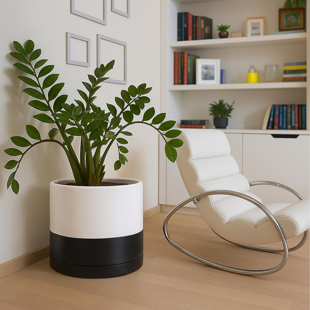 D'vine Dev 14 Inch Ceramic Planter Pot with Drainage Hole and Saucer, Indoor Cylinder Round Planter