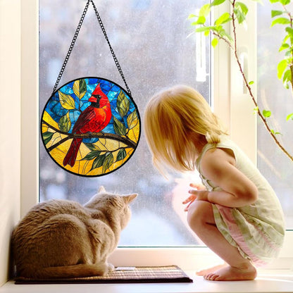 Stained Glass Window Hanging, Blue Sky Cardinal Sun Catchers Colorful Glass Panel Red Birds