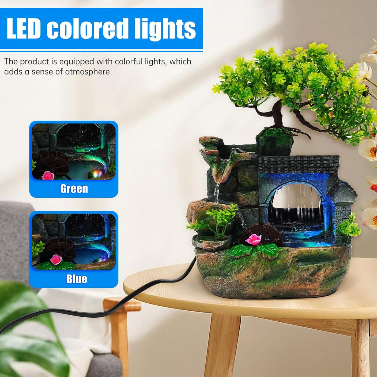 Tabletop Waterfall Fountain – 11 in Rockery Humidifier with Color-Changing LED Light, Adjustable