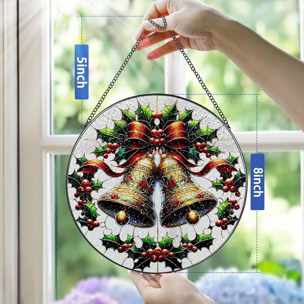 Stained Glass Window Hanging, Pauyadu Sun Catchers Indoor Window, Bells Christmas Suncatcher