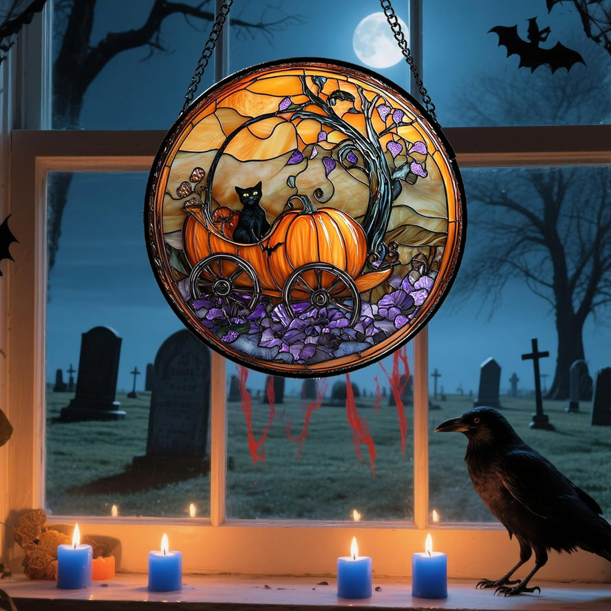 Stained Glass Window Hanging - Halloween Pumpkin Carriage Black Cat Suncatcher for Doors Window