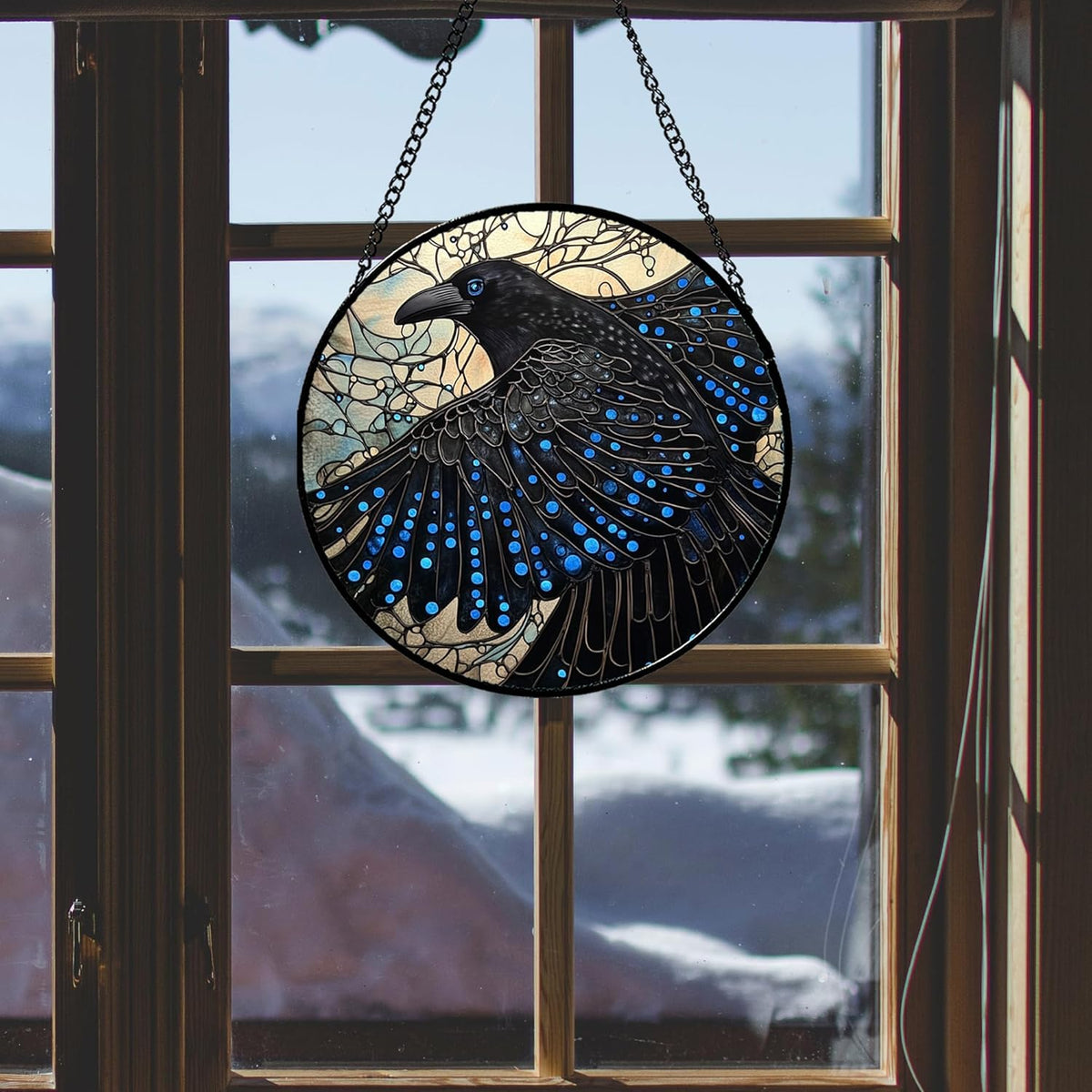Stained Glass Window Hanging - Black Crow Big Wings Suncatcher for Doors Garden Patio Bird Sun