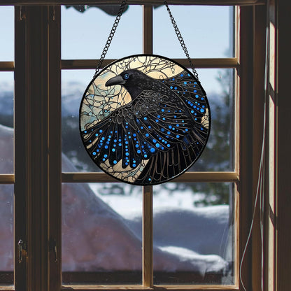 Stained Glass Window Hanging - Black Crow Big Wings Suncatcher for Doors Garden Patio Bird Sun