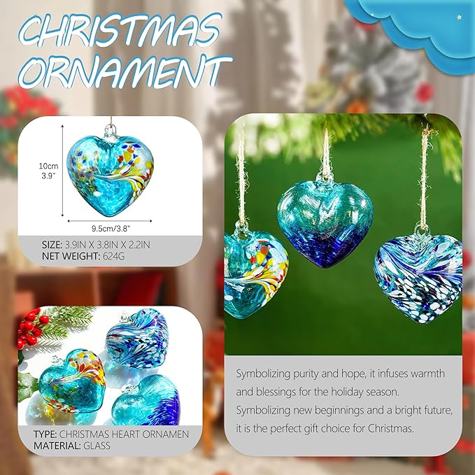 Set of 3 Handmade Glass Heart Ornaments 3.9 Inch Blue Friendship Heart Decor for Garden Home