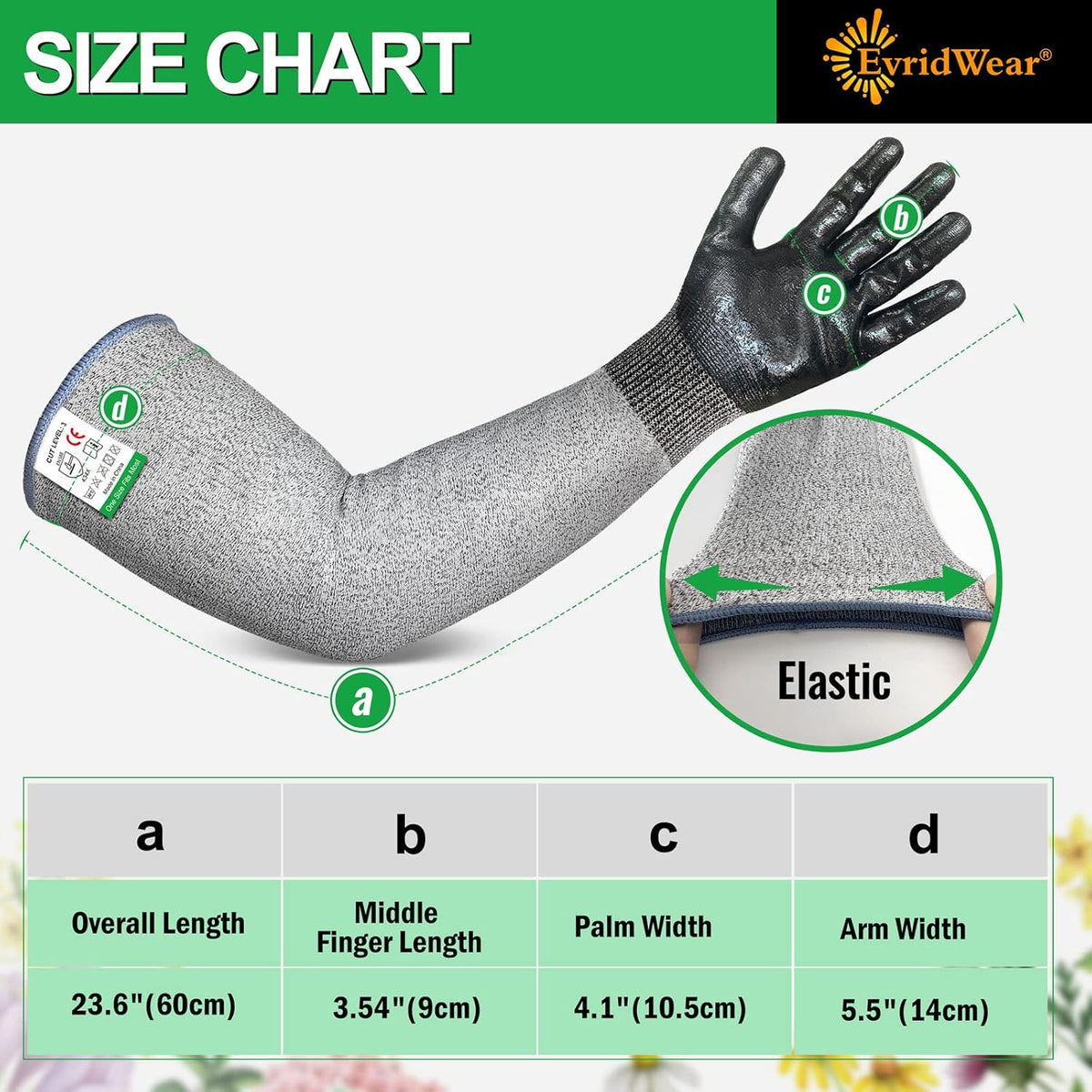 Evridwear Long Gardening Gloves Cut Resistant Sleeves with Anti-slip Nitrile Coated Palm for