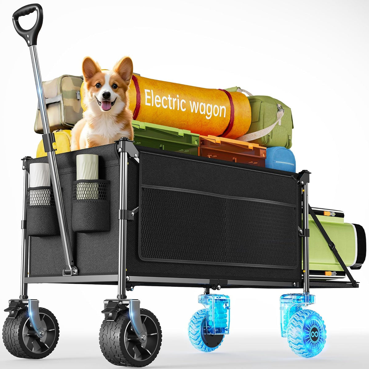 Dual Motor Electric Utility Wagon Cart–330 lb Load, 180 L Foldable Beach Wagon with Remote